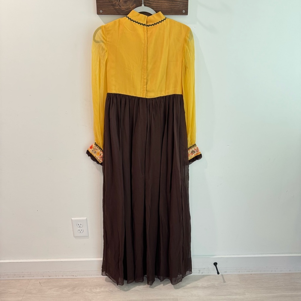 Vintage Late 1960s Early 1970s Embroidered Bohemian Prairie Dress‎ Brown Mustard - Picture 6 of 9